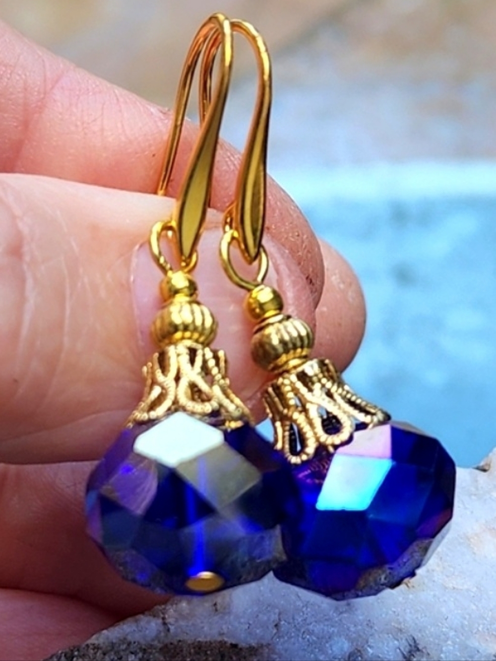 Vintage Bright Blue Crystals Gold Sparkling Earrings Boho Holiday Gifts